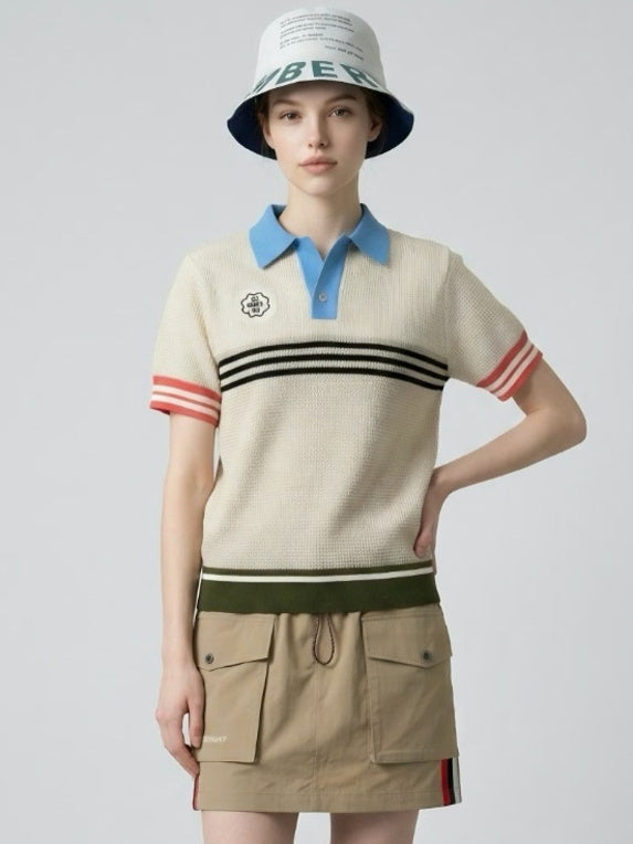 (DECEMBER MAY) Meshknit skipper polo / WOMEN  / SAX/BLUE