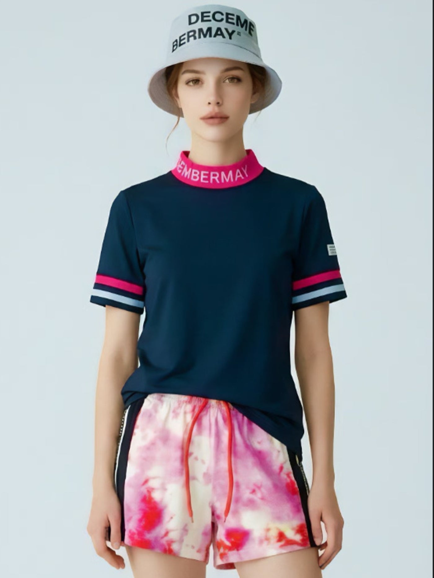 良品 DECEMBERMAY 襟ロゴ ハイネック ストレッチ 長袖 シャツ L DECEMBER MAY) Comfortable Highneck Shirt / WOMEN / NAVY.PINK