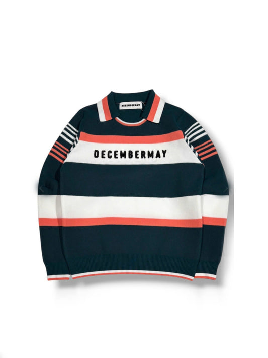 (DECEMBER MAY) Stripe knit polo / WOMEN  / D.GREEN