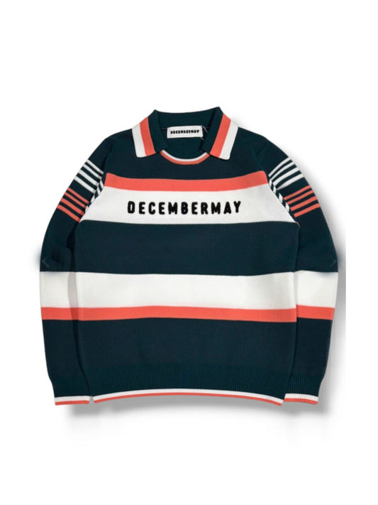 (DECEMBER MAY) Stripe knit polo / WOMEN  / D.GREEN