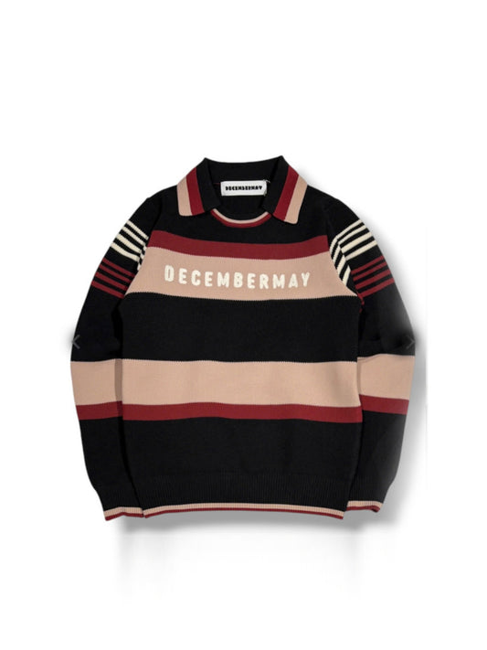 (DECEMBER MAY) Stripe knit polo / WOMEN  / BLACK